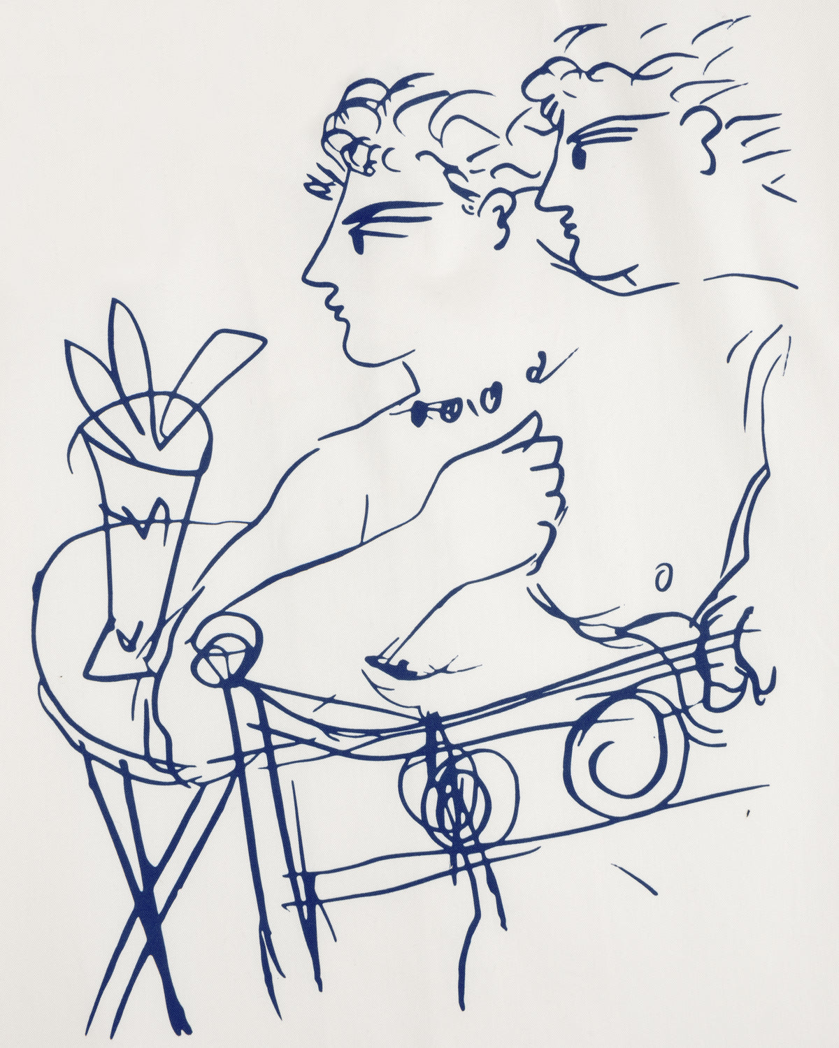 Blue line drawing of two figures at a table on white, from the Fassianos "Rendez - Vous" Camp Shirt.