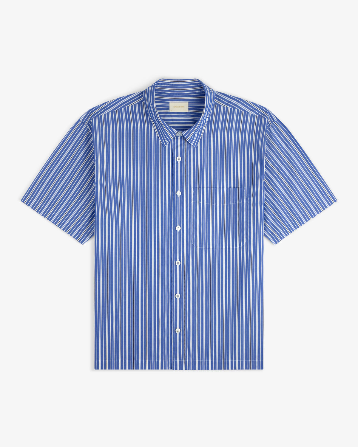 Yarn Dyed Striped Shirt: short-sleeve blue button-up with vertical white/navy stripes and a chest pocket.