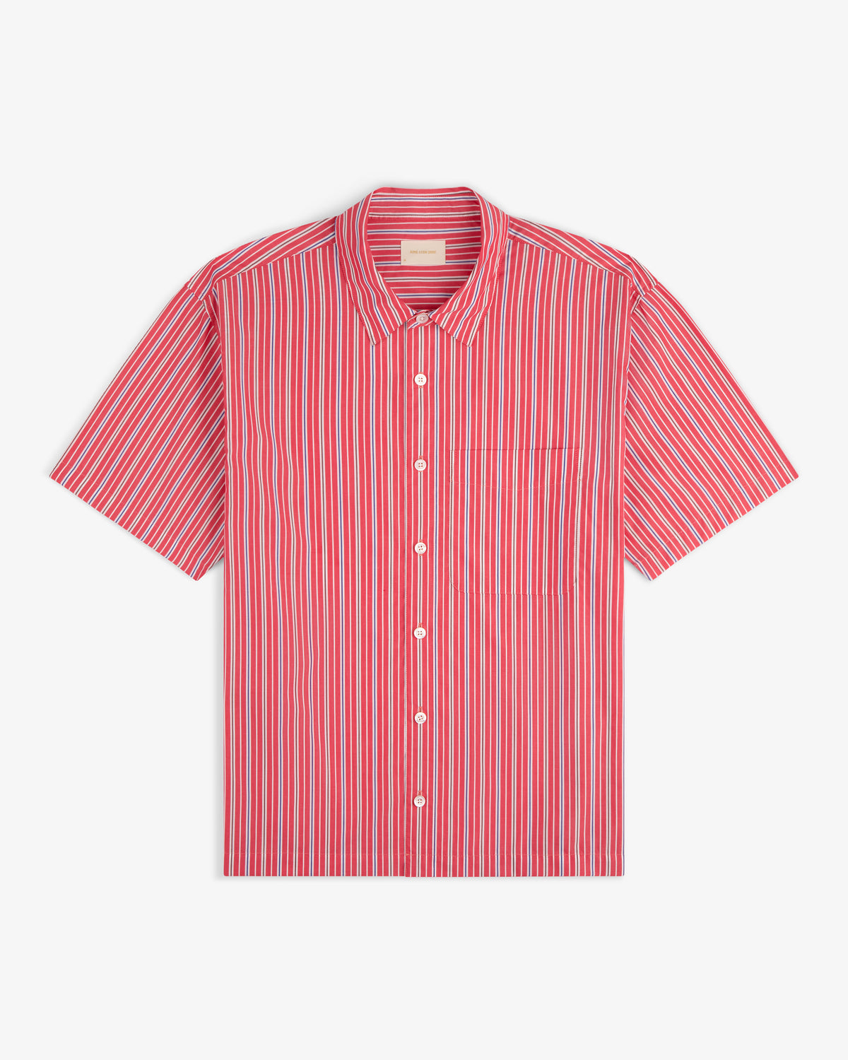 The Yarn Dyed Striped Shirt is a red and white vertical stripe short-sleeve button-up with a chest pocket.