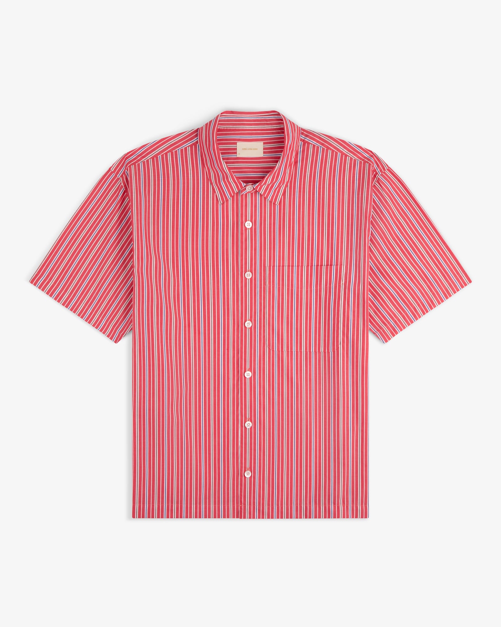 The Yarn Dyed Striped Shirt is a red and white vertical stripe short-sleeve button-up with a chest pocket.