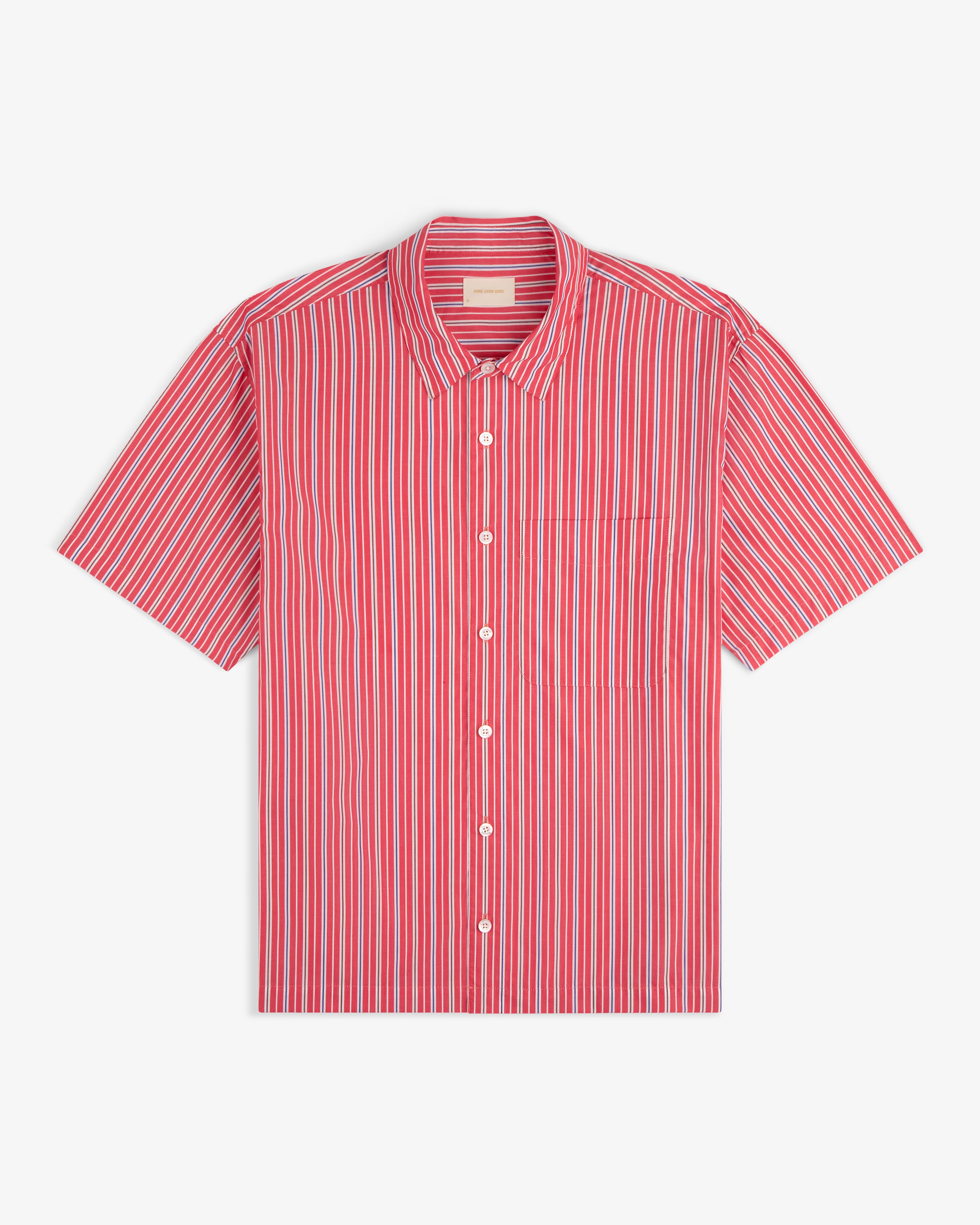The Yarn Dyed Striped Shirt is a red and white vertical stripe short-sleeve button-up with a chest pocket.