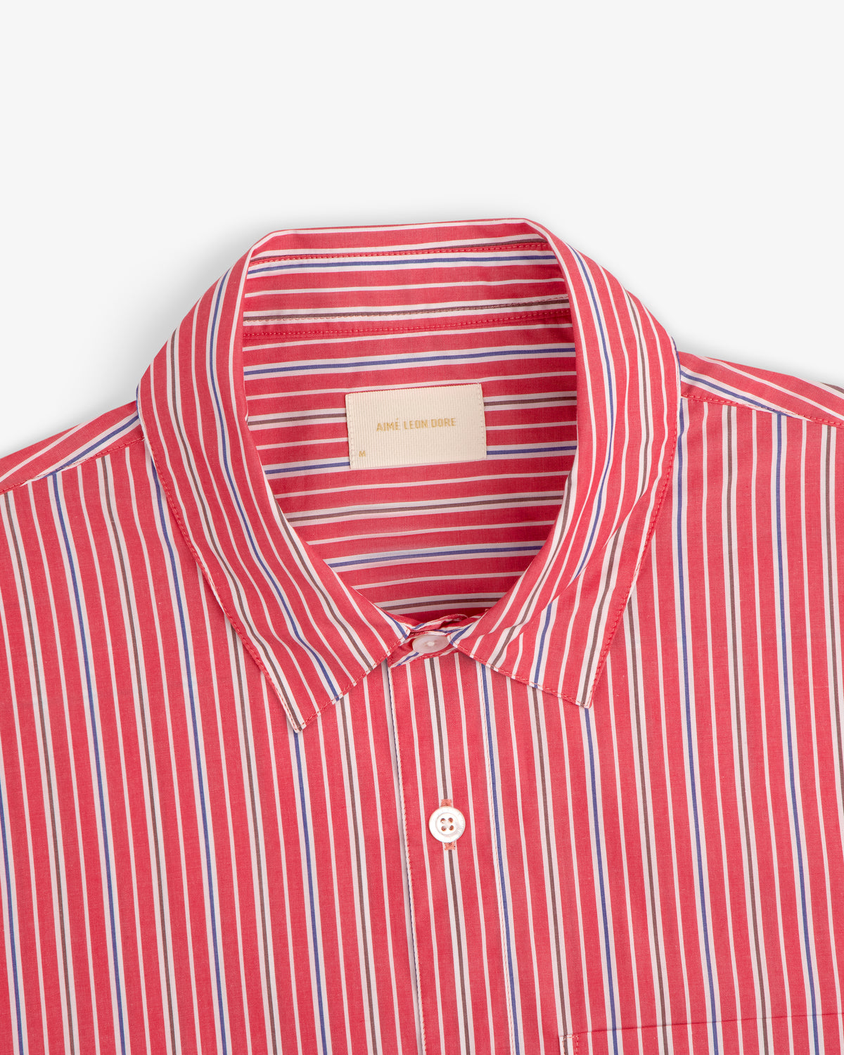 Yarn Dyed Striped Shirt: red with vertical white and blue stripes, top button closure.
