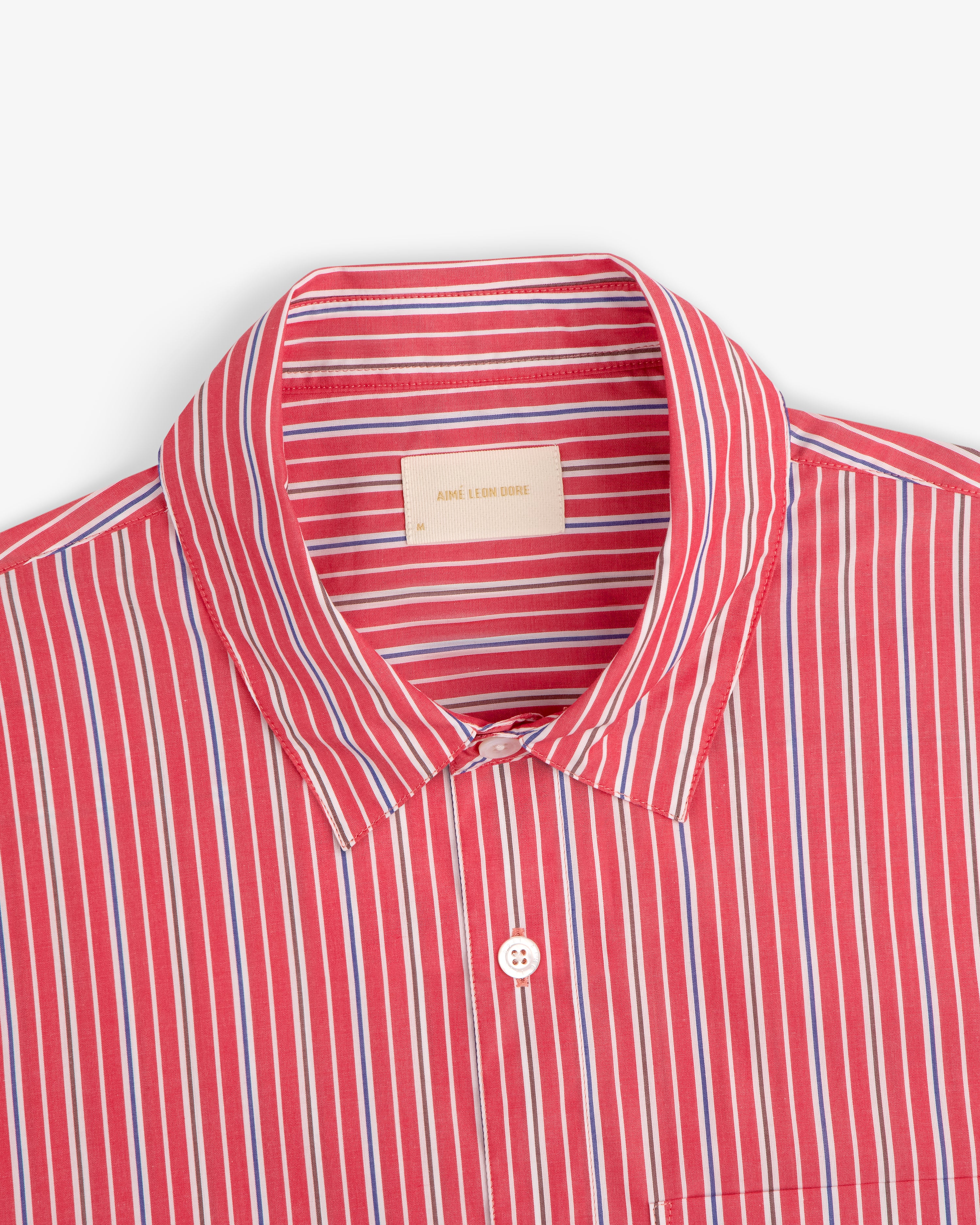 Yarn Dyed Striped Shirt: red with vertical white and blue stripes, top button closure.