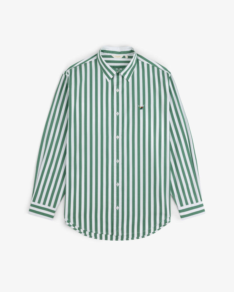 Striped Leon Overshirt: green and white vertical stripes, long sleeves, button-up, small chest logo.