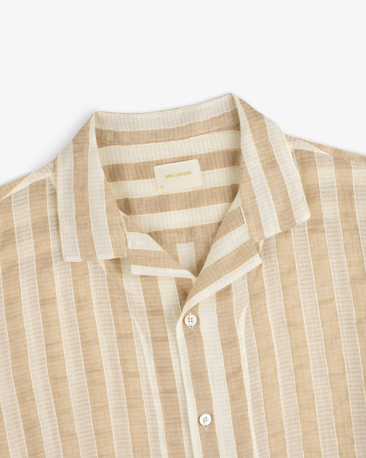 Linen Blend Striped Camp Shirt in beige and white stripes with collar, shown flat on a white background.