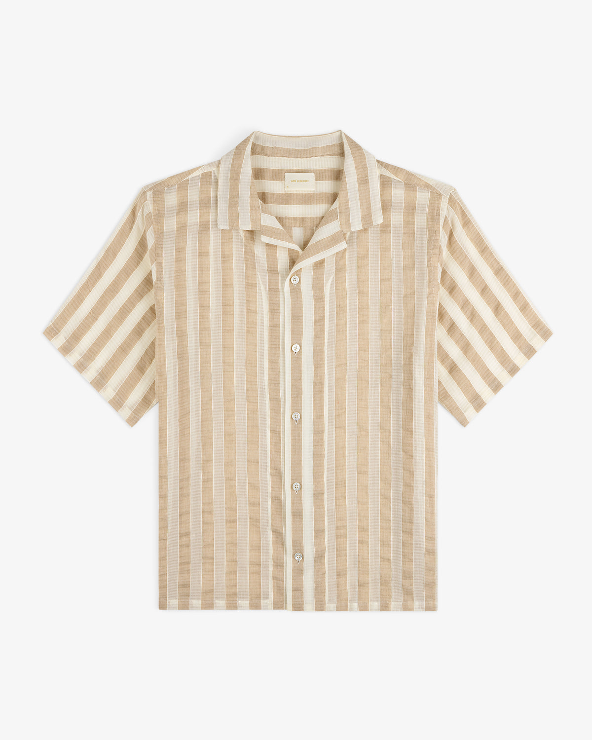 Linen Blend Striped Camp Shirt in beige and white, short-sleeve, laid flat on a white background.