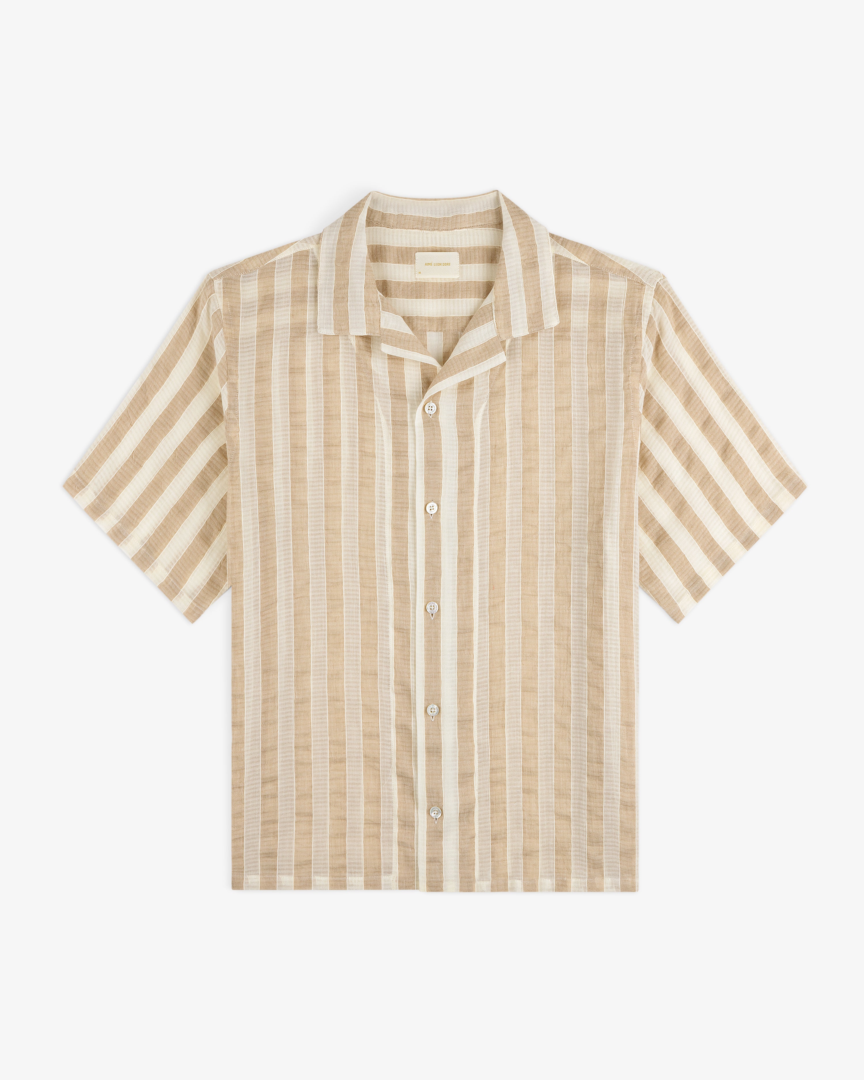 Linen Blend Striped Camp Shirt in beige and white, short-sleeve, laid flat on a white background.