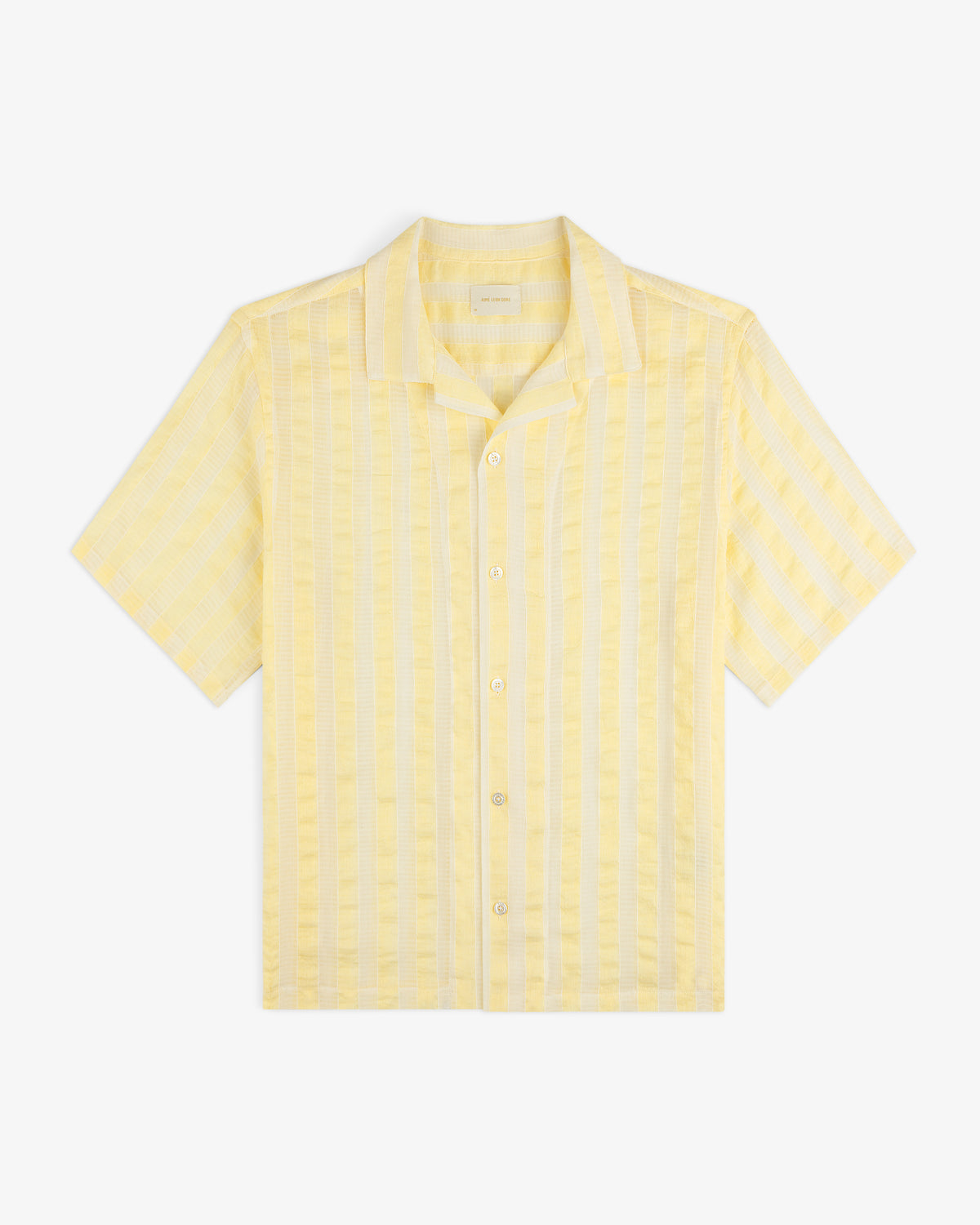 Linen Blend Striped Camp Shirt in light yellow and white, short-sleeve, button-up, laid flat on white background.