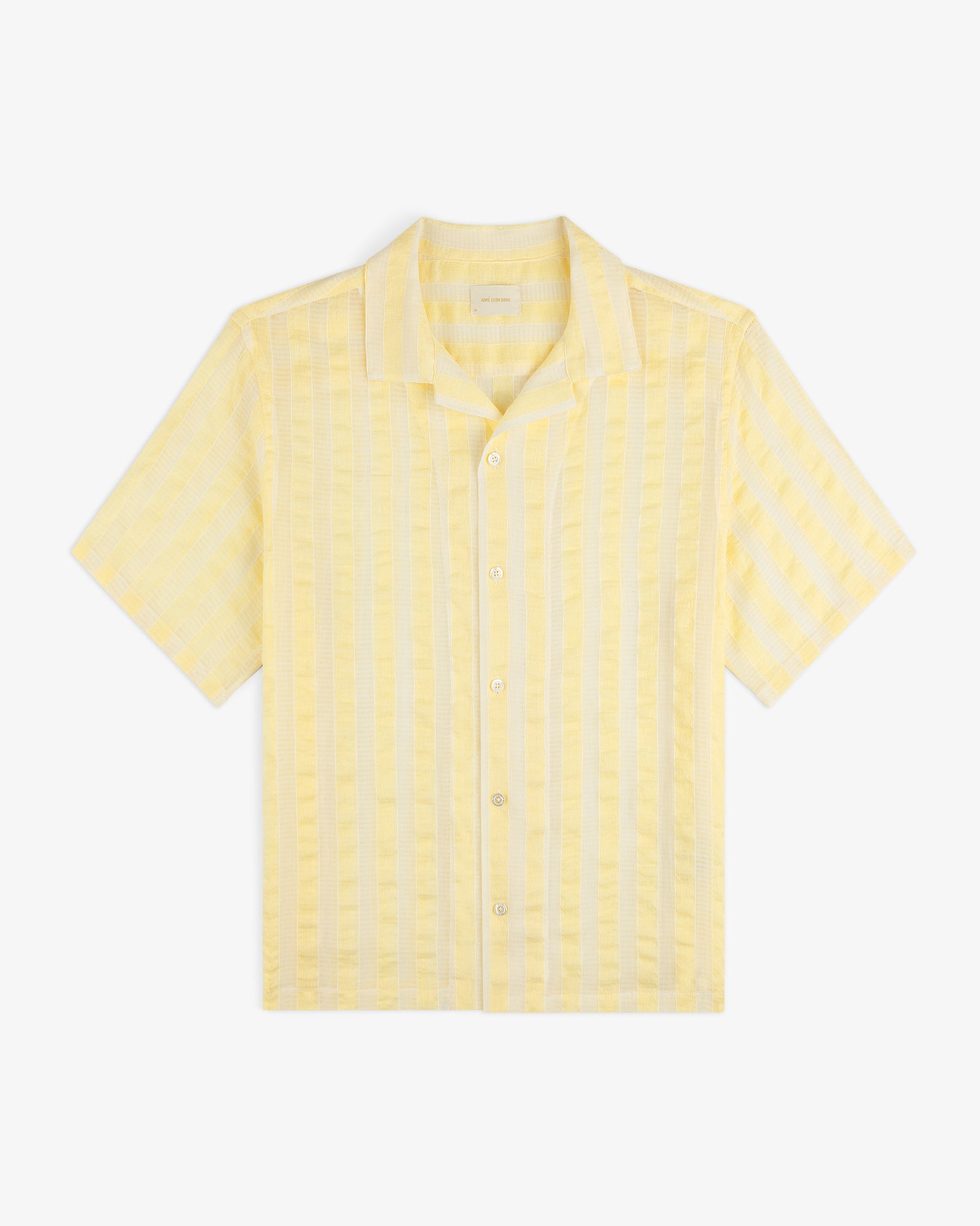 Linen Blend Striped Camp Shirt in light yellow and white, short-sleeve, button-up, laid flat on white background.