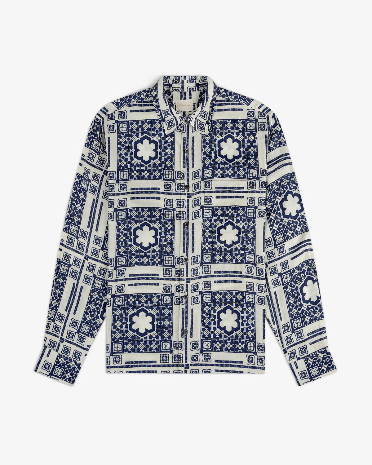 Mosaic Button Down Shirt with blue and white geometric and floral tile pattern, long sleeves, and button-up front.