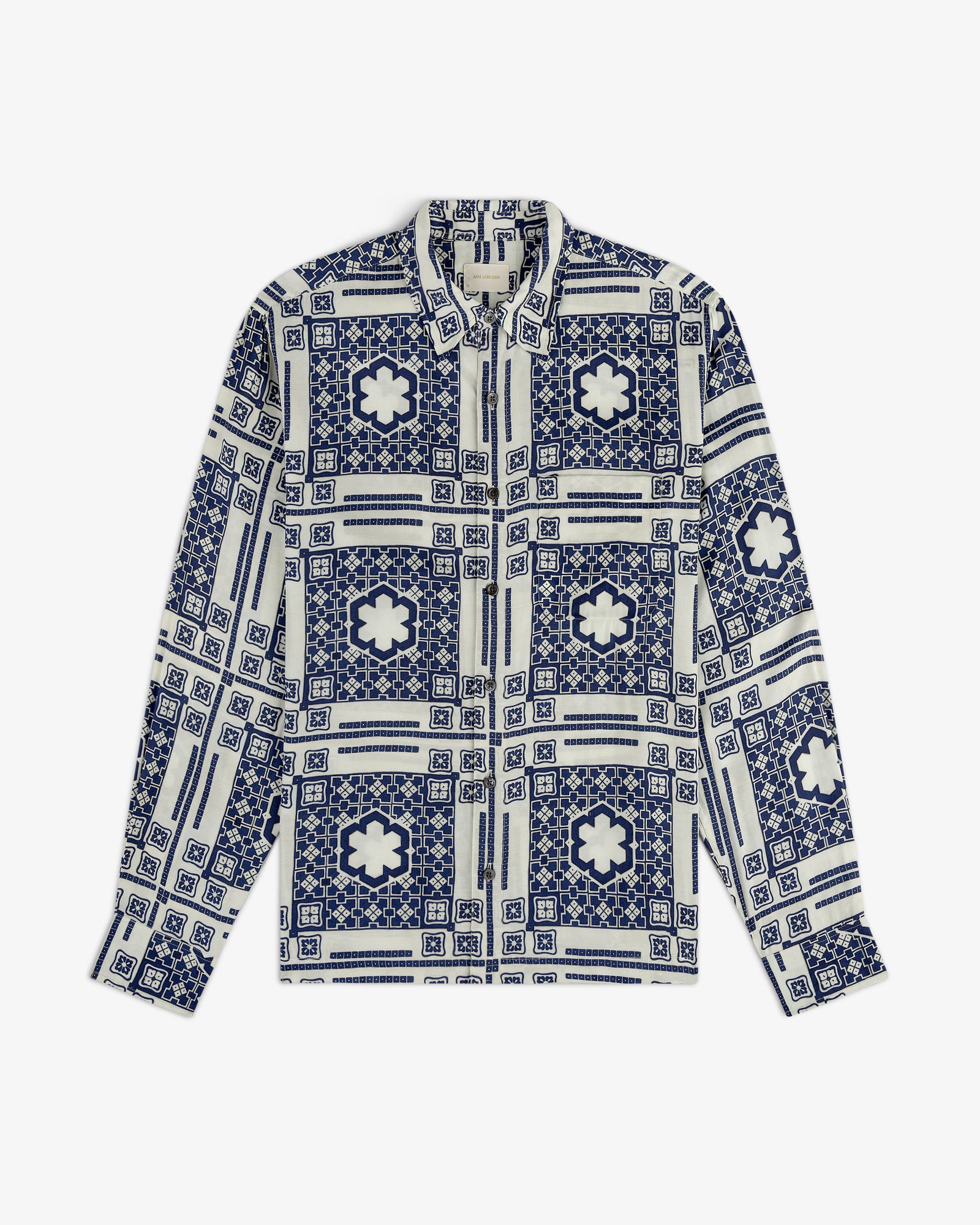 Mosaic Button Down Shirt with blue and white geometric and floral tile pattern, long sleeves, and button-up front.