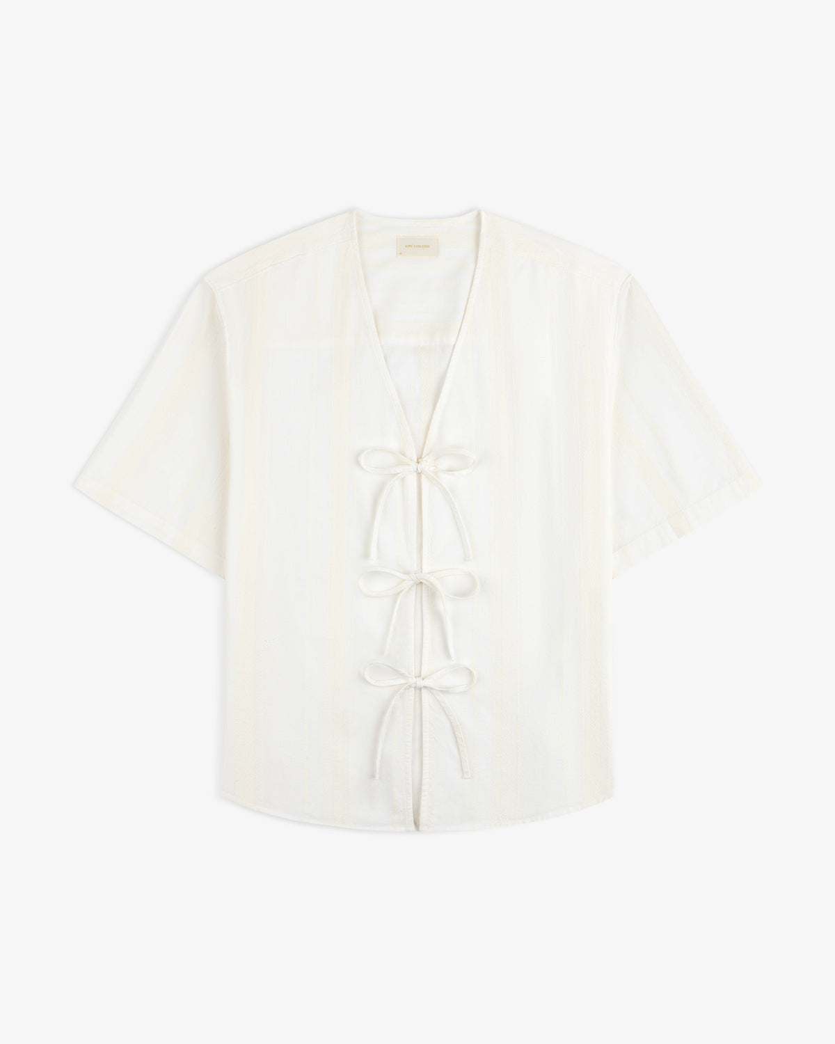 Jacquard Striped Tie-Front Shirt, short-sleeved with V-neck and three front ties, shown on white background.
