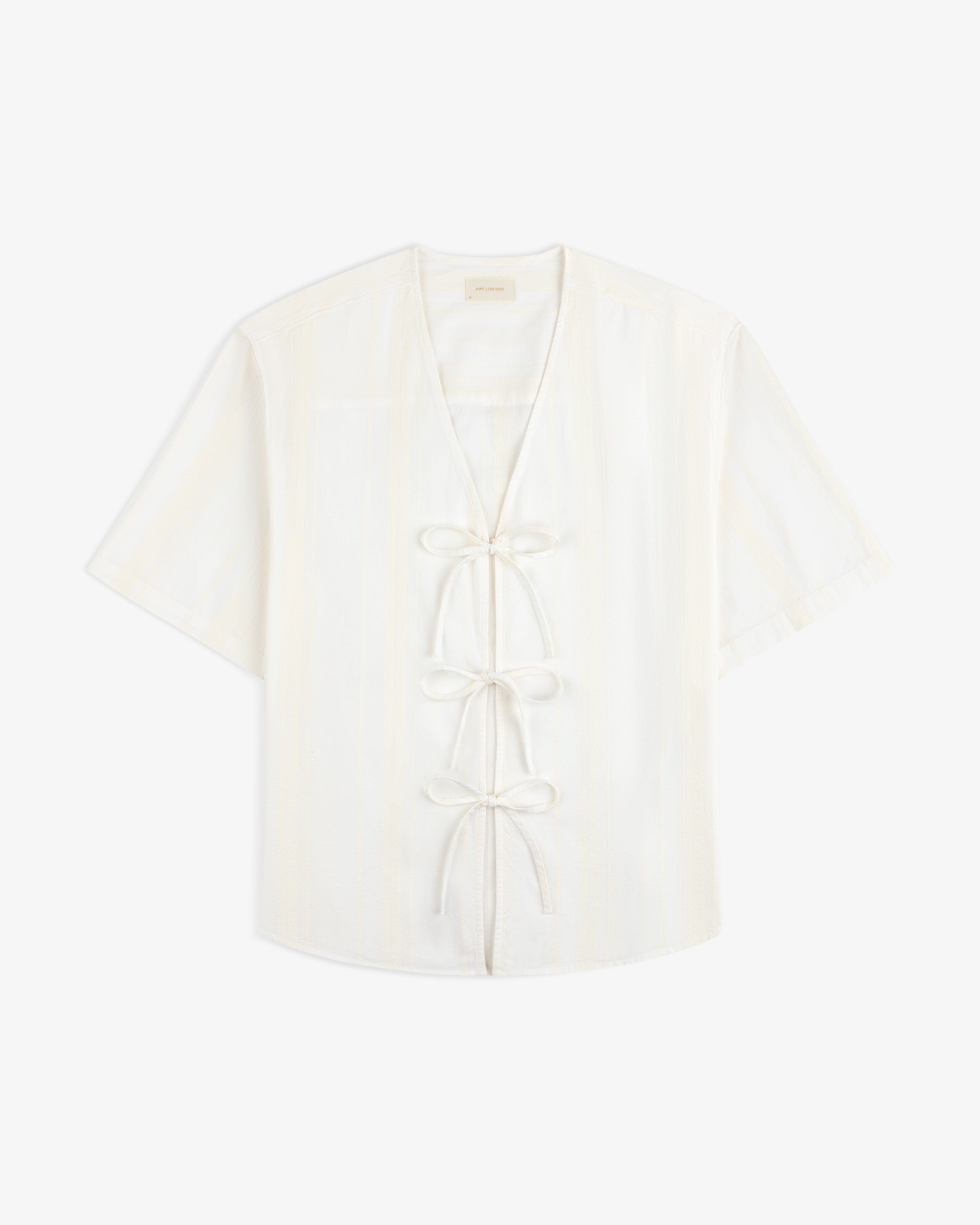Jacquard Striped Tie-Front Shirt, short-sleeved with V-neck and three front ties, shown on white background.