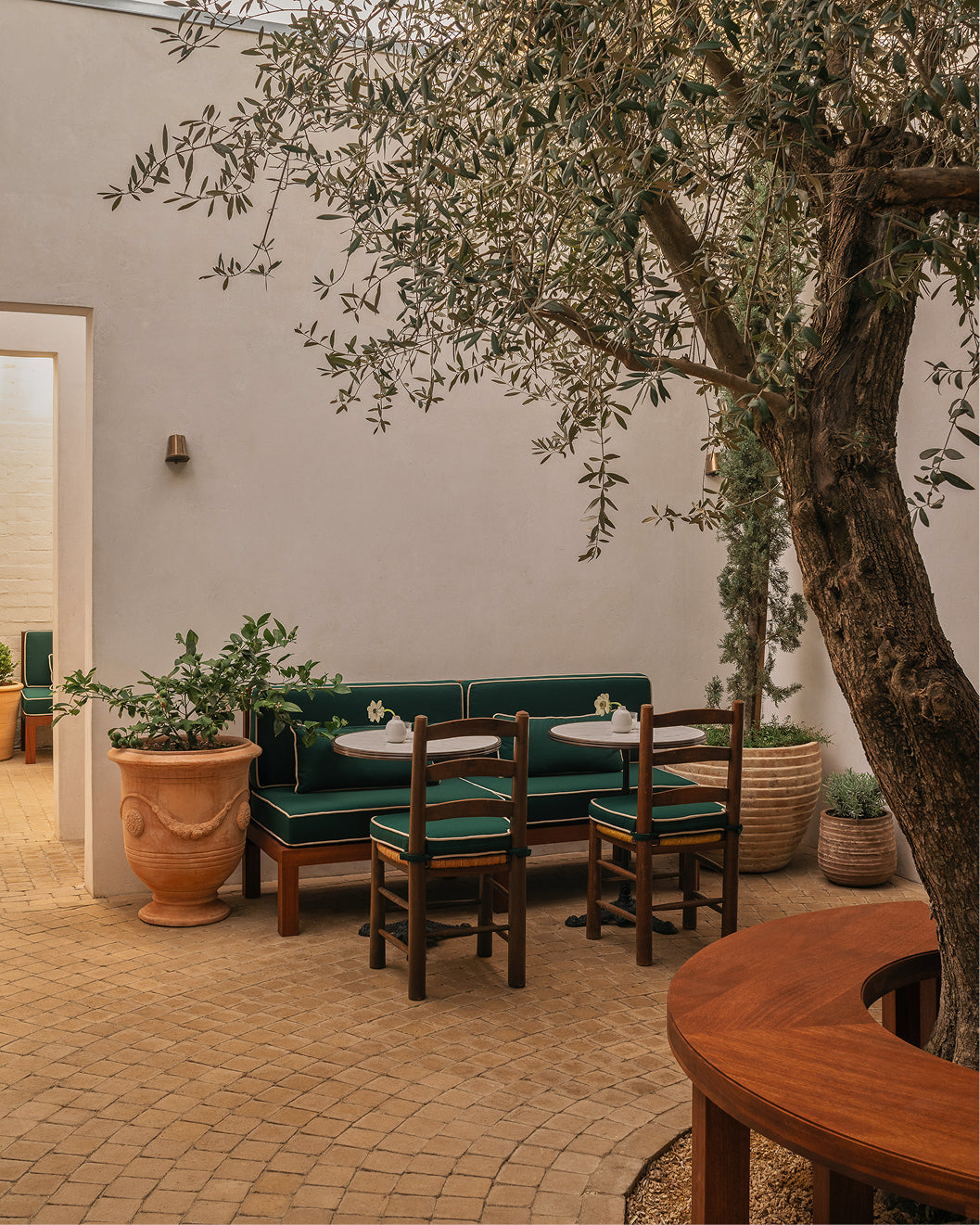 Outdoor seating area with green cushioned chairs and a tree in a garden setting.