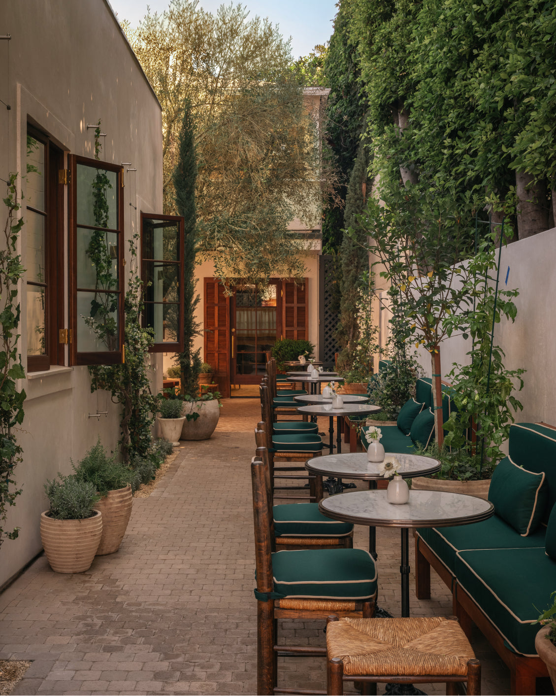 Outdoor patio area with tables, chairs, and greenery 
