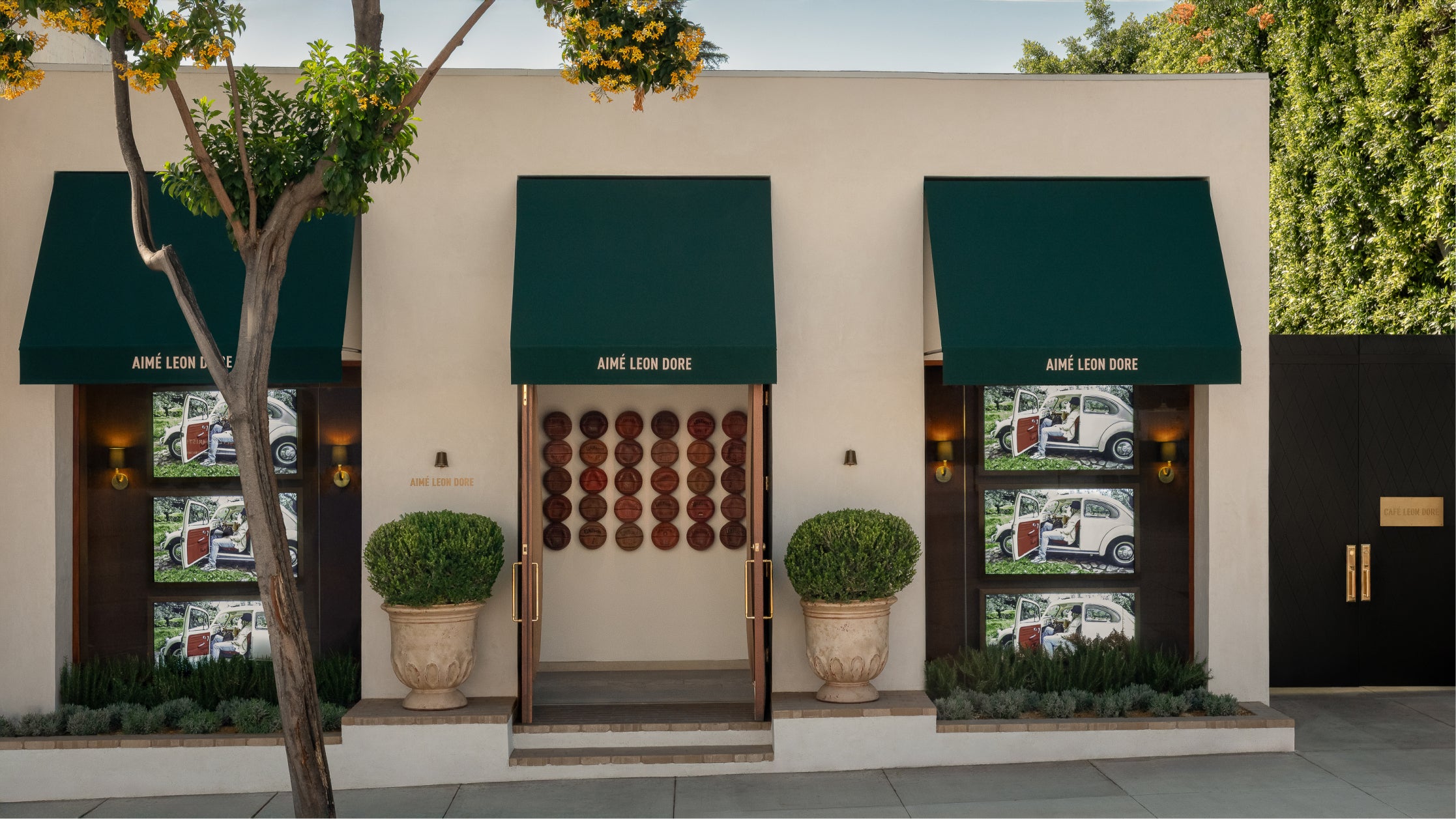 Storefront with green awnings and display windows featuring vehicles, surrounded by trees and plants.