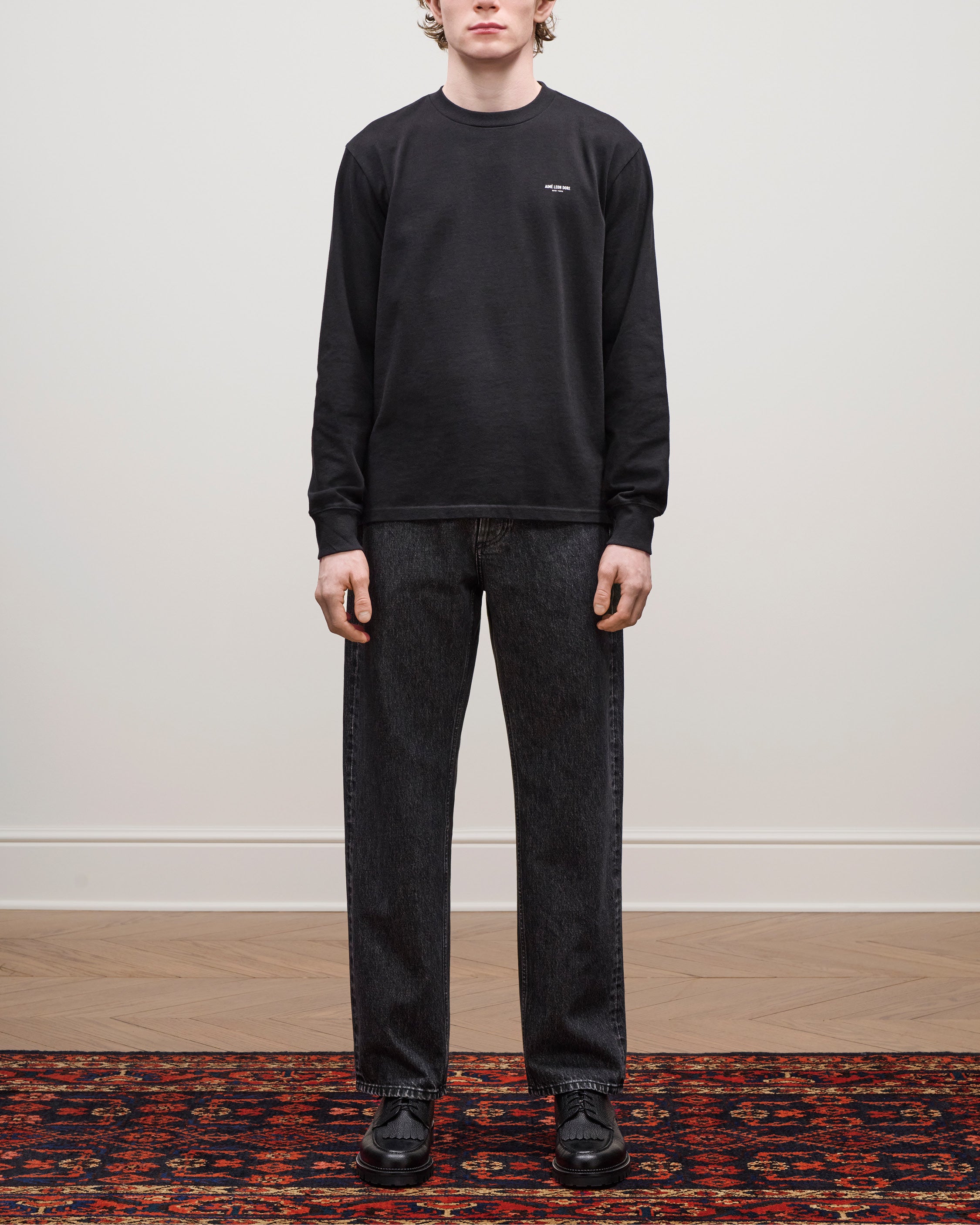 A person stands indoors on a patterned rug wearing Relaxed Fit 5-Pocket Denim Pant, a black sweatshirt, and black shoes.