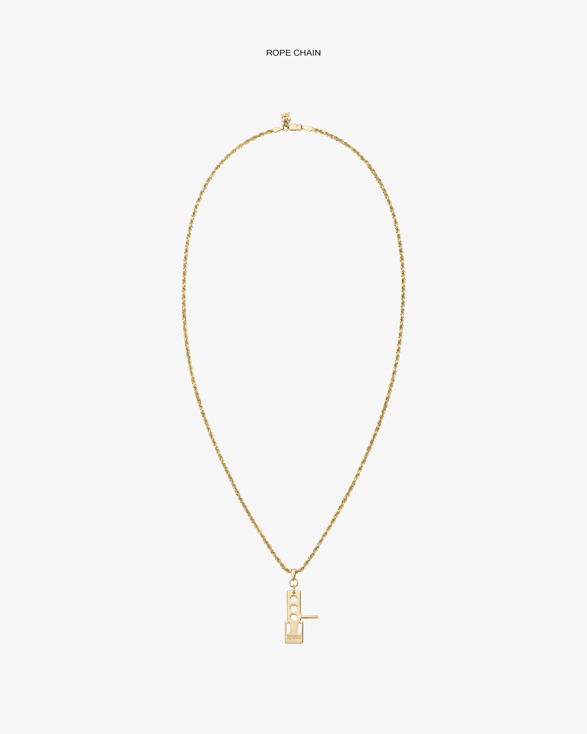 ALD / Technics 14Kt Gold Pendant rope chain necklace with geometric pendant on a plain white background.