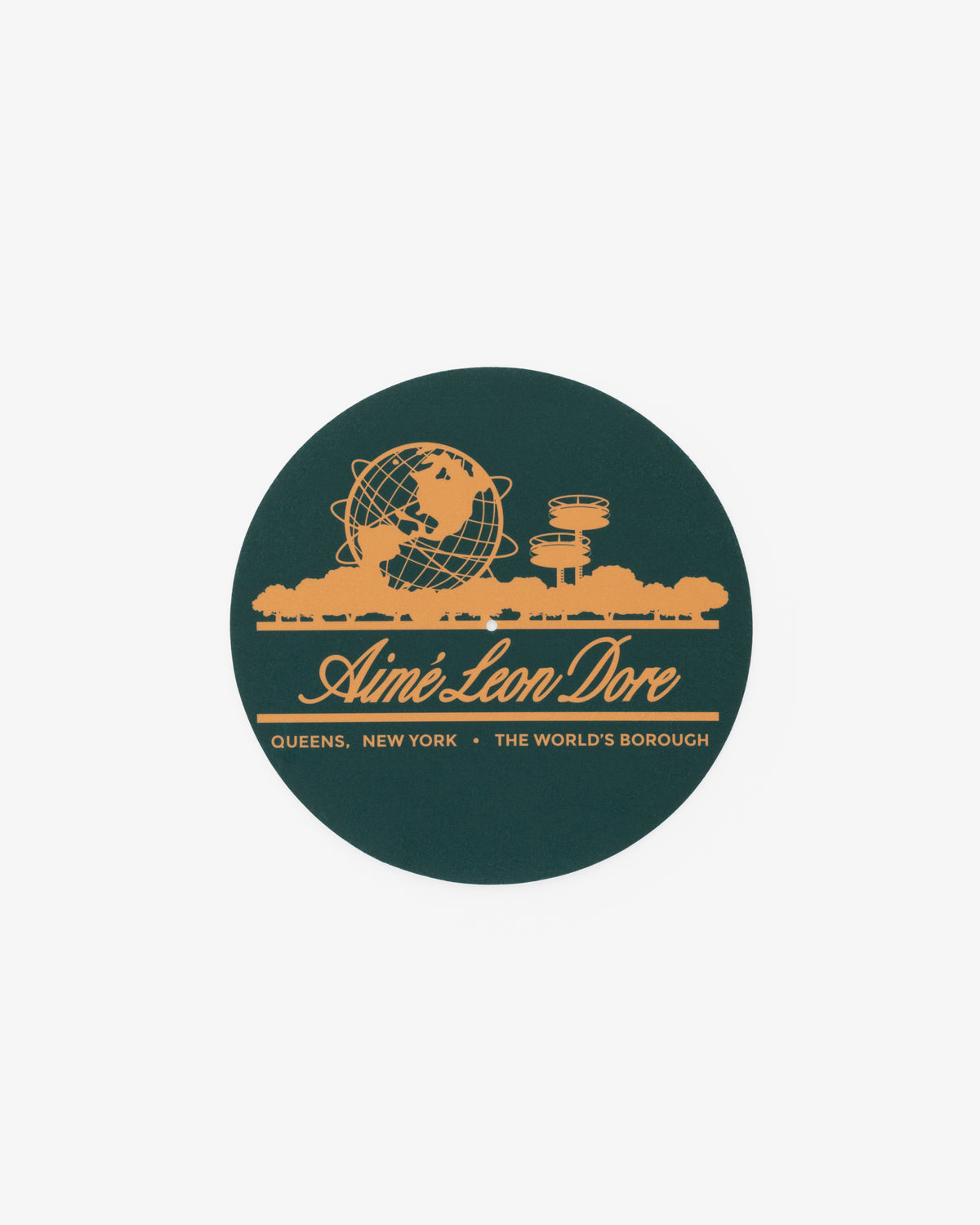 Unisphere Slip Mat featuring yellow Aimé Leon Dore logo and Queens, NY landmarks on a dark green background.