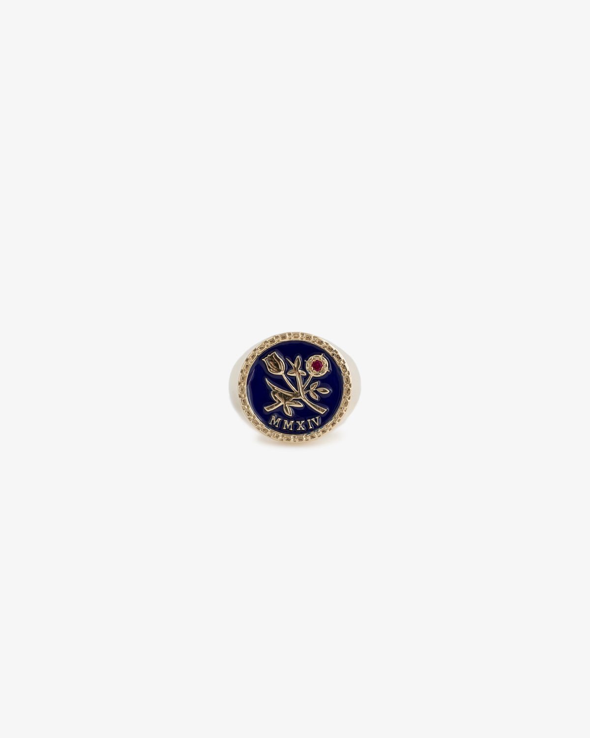 14Kt Queens Crest Ring: gold with a dark blue circular face, flower design, and Roman numerals MMXIV.