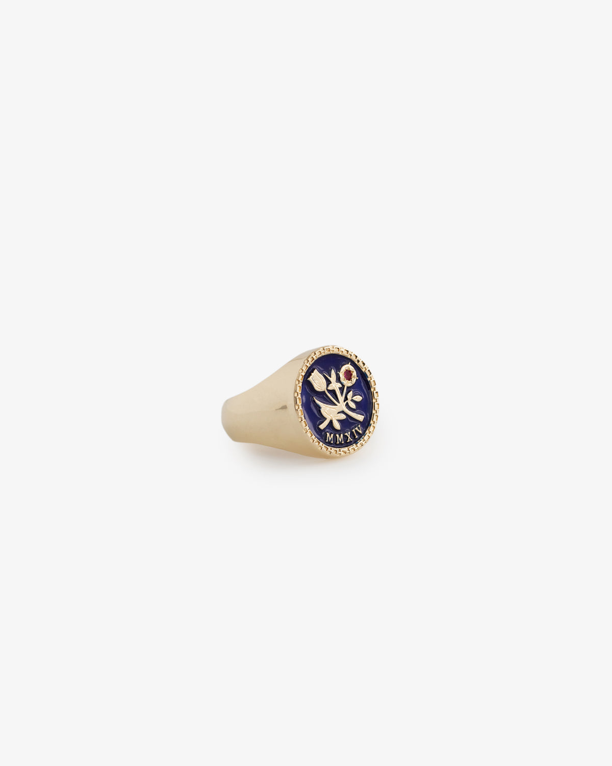 14Kt Queens Crest Ring with blue circular face, winged figure, and Greek letters in gold.