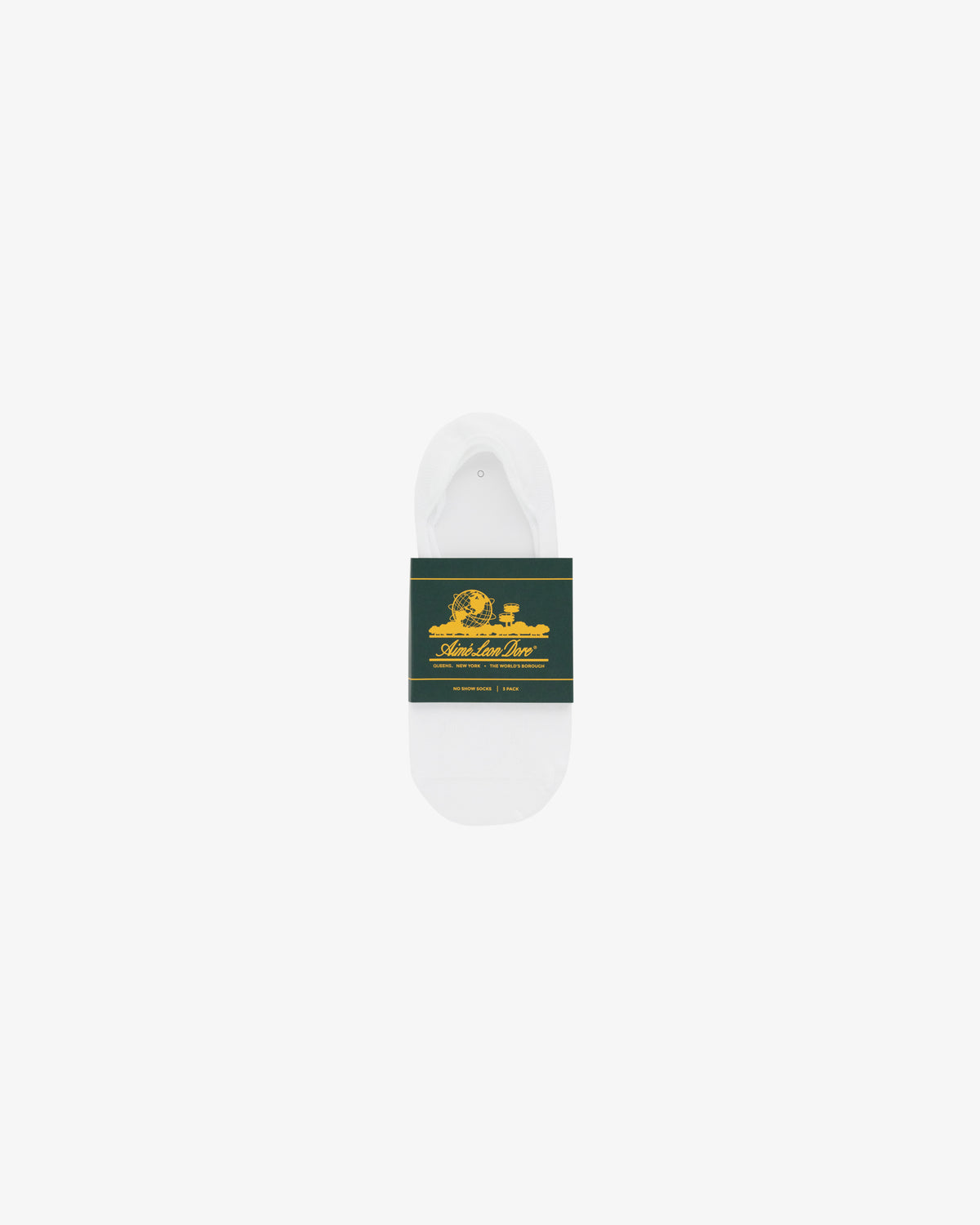 A No-Show Sock 3-Pack in white, wrapped with a dark green label featuring gold text and graphics.