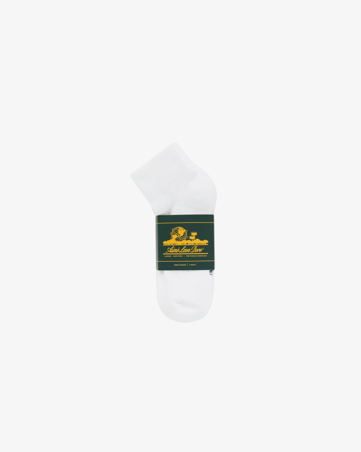 A 3-pack of white ankle socks with a green and yellow label, shown on a white background.