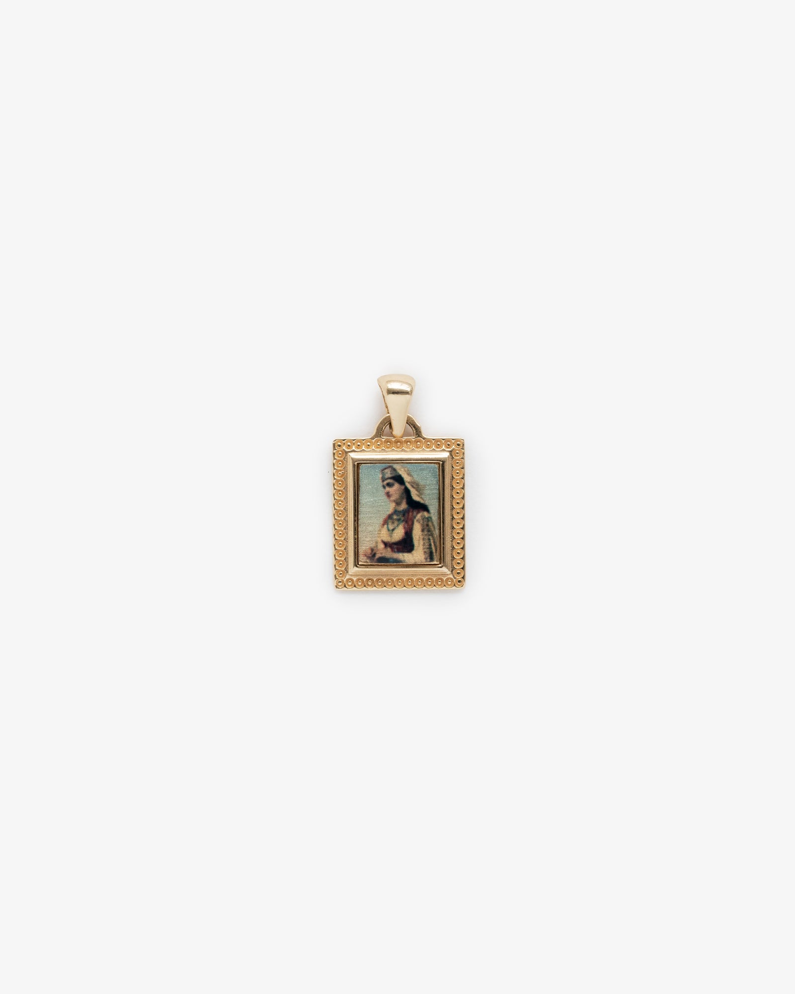 14Kt Gold Pendant featuring a rectangular frame with a painted person in a robe on a white background.