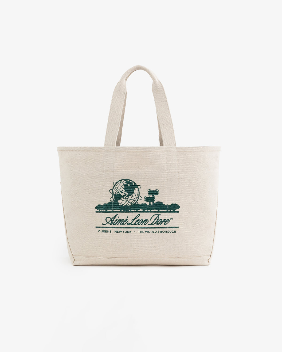 Large Unisphere Tote Bag in beige with green Unisphere and "Aimé Leon Dore, Queens, New York, The Worlds Borough" print.