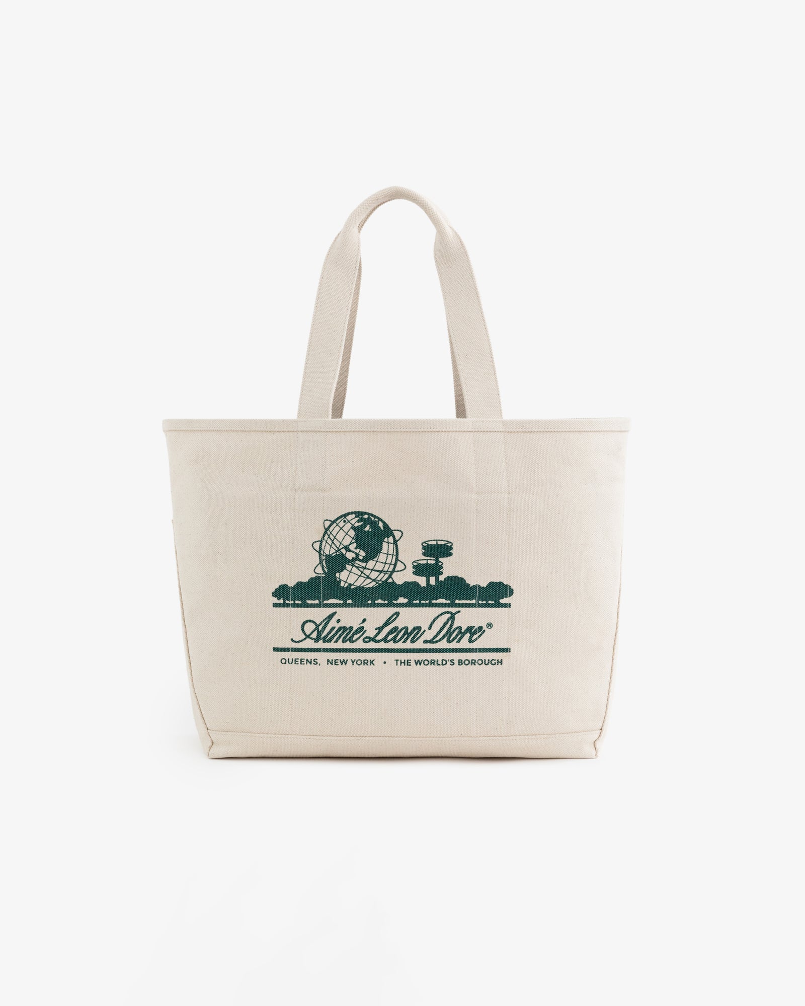Large Unisphere Tote Bag in beige with green Unisphere and "Aimé Leon Dore, Queens, New York, The Worlds Borough" print.
