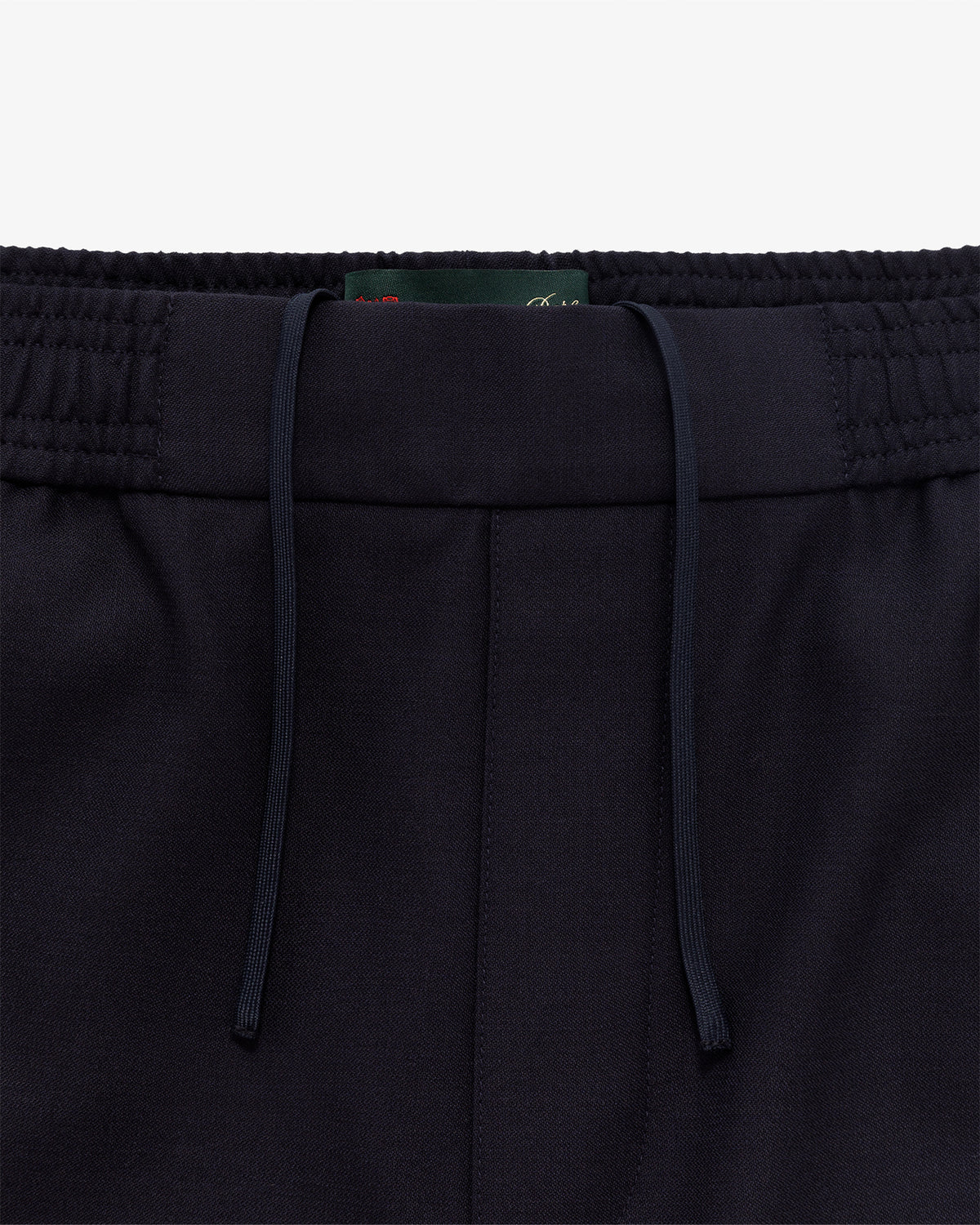 Close-up of Tropical Wool Elasticated Waist Suit Trouser with drawstring, visible waistband, and front seam detail.