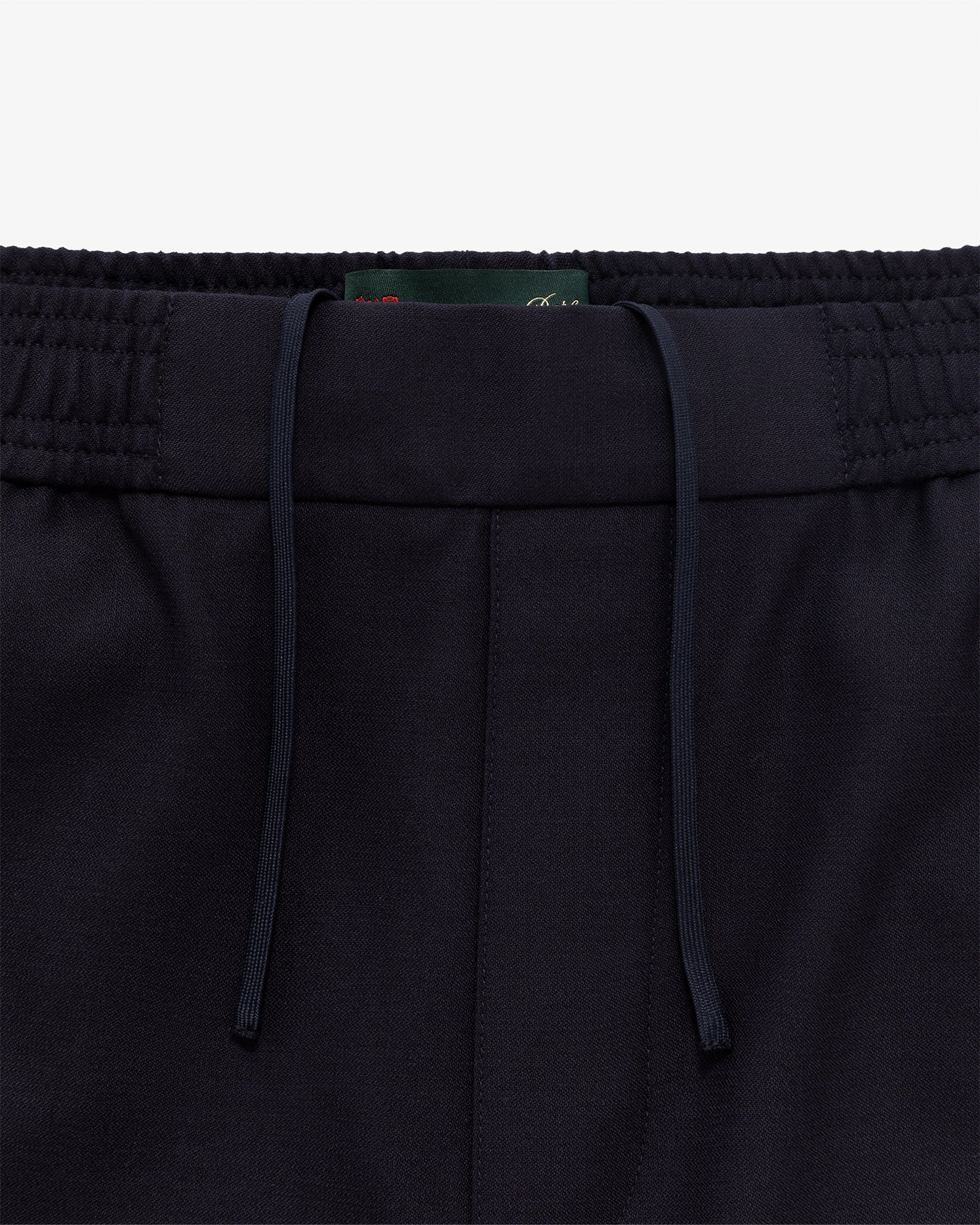 Close-up of Tropical Wool Elasticated Waist Suit Trouser with drawstring, visible waistband, and front seam detail.