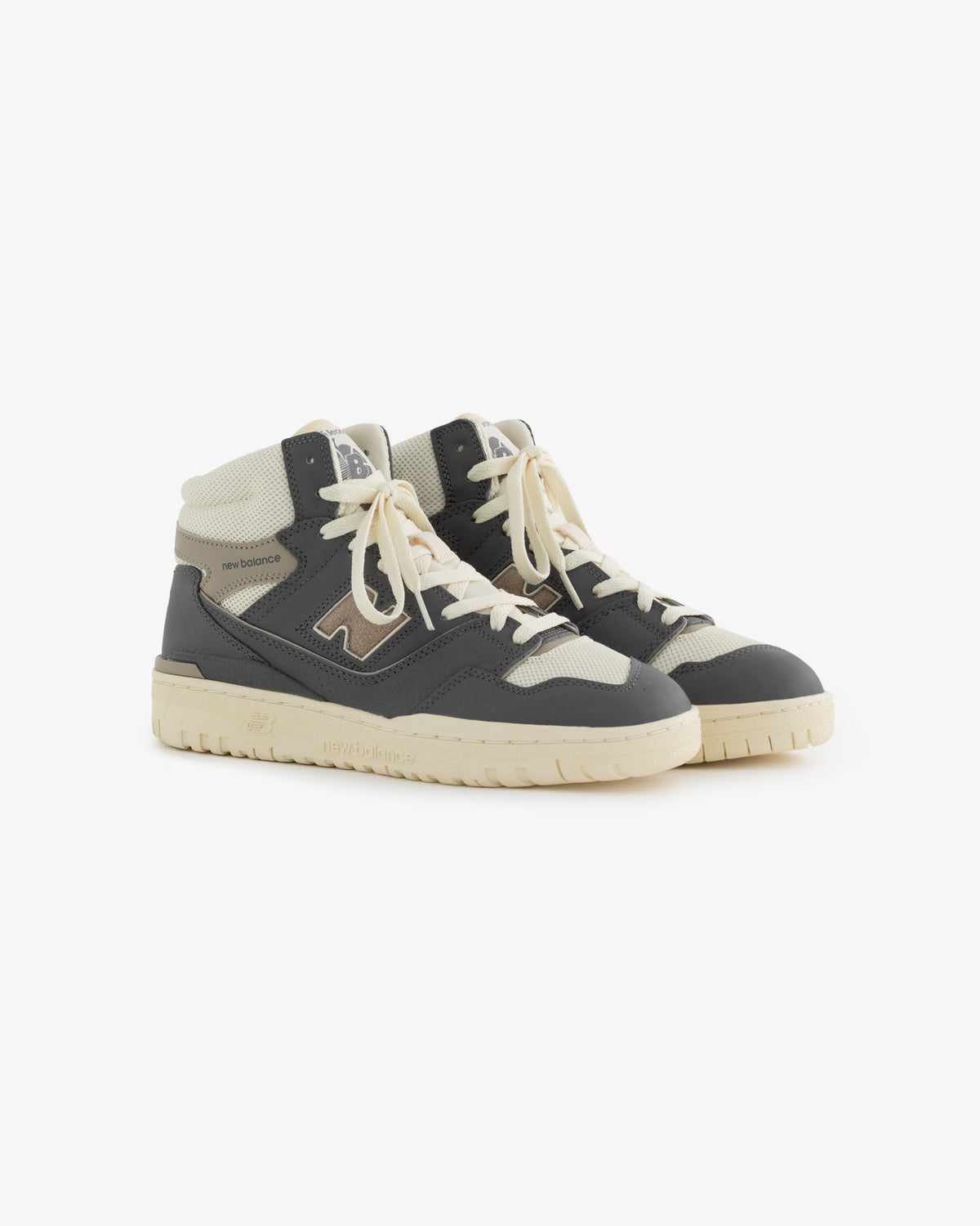The ALD / New Balance 650R high-top sneakers in gray and beige with cream laces, shown angled on a white background.