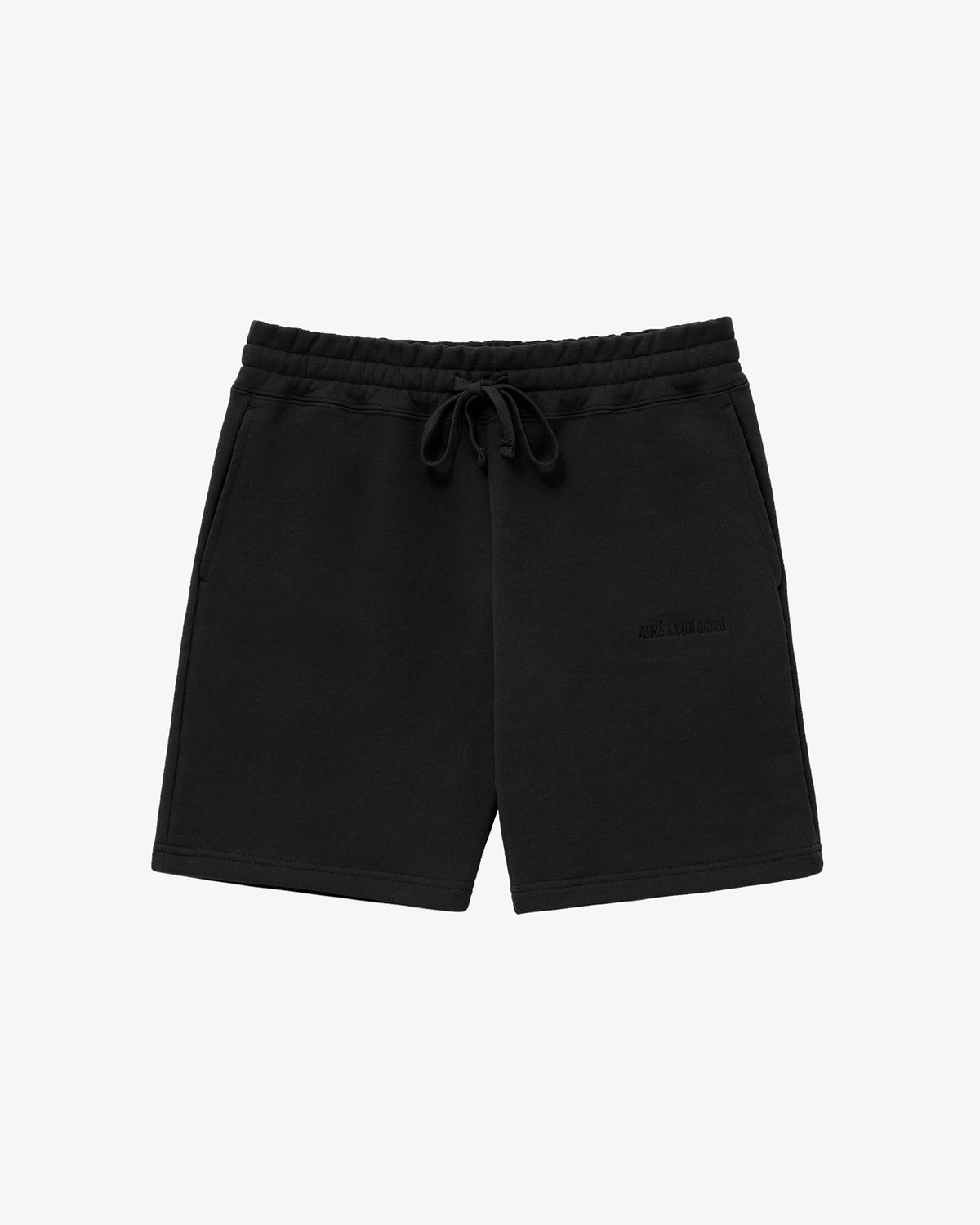 Tonal Logo Sweatshorts in black with side pockets and subtle logo, shown on a white background.
