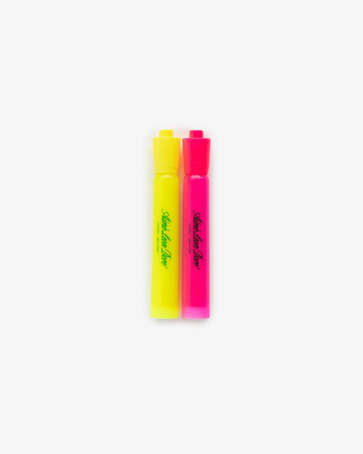 Highlighter 2 Pack: two highlighters, yellow and pink, stand upright side by side on a white background.
