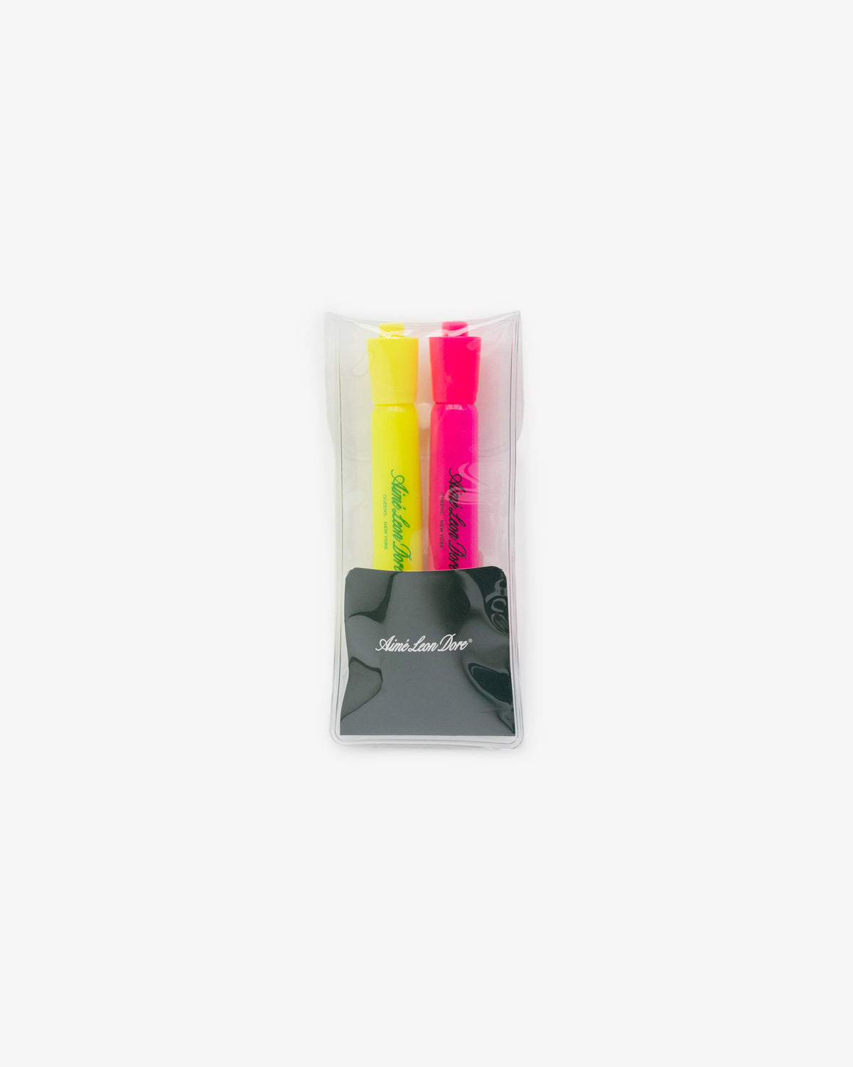 Highlighter 2 Pack: yellow and pink highlighters in a clear plastic case with a black label at the bottom.