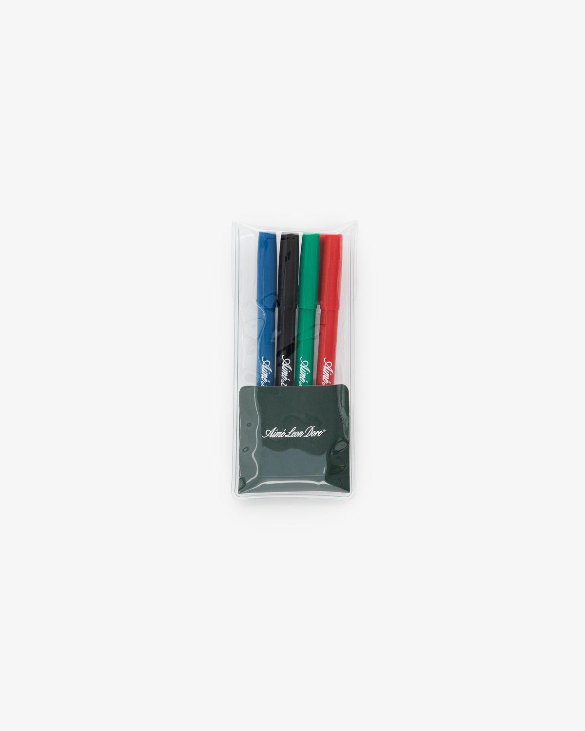 Marker 4 Pack: Clear pouch with blue, black, red, and green markers plus a small black eraser.