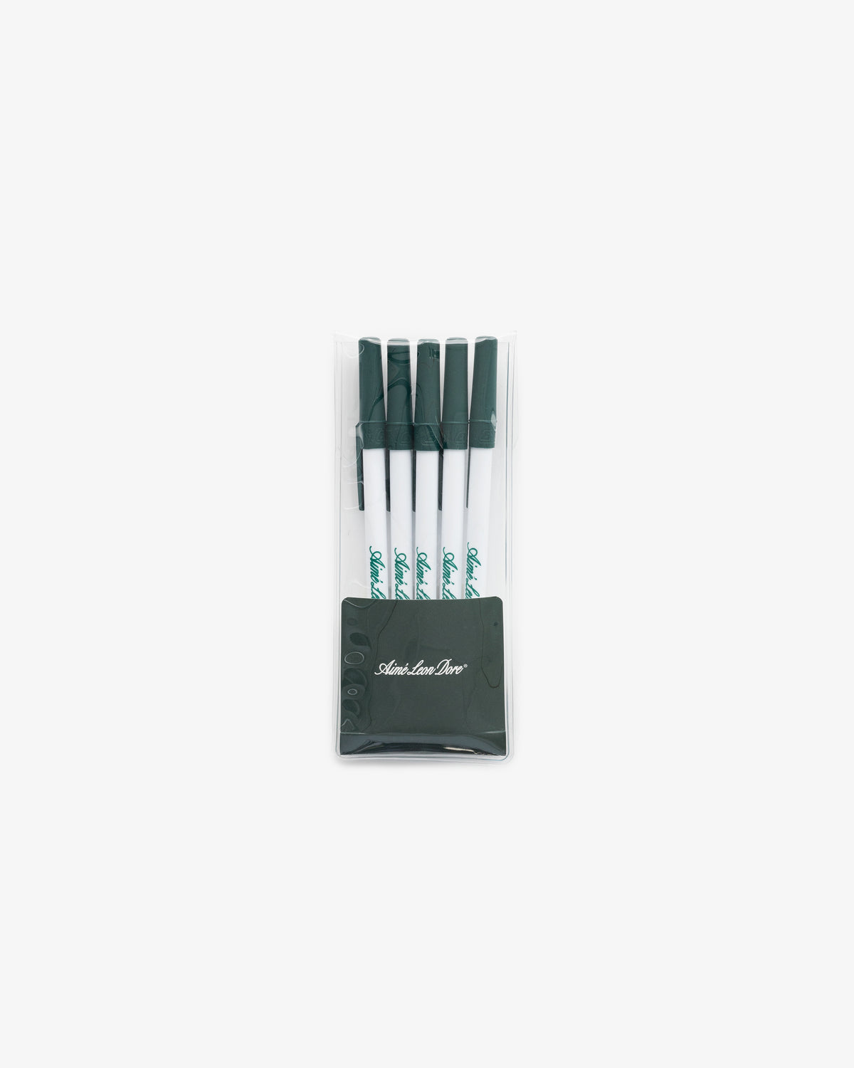 Pen 5 Pack: Five green and white markers in a clear pouch with a dark green label at the bottom.