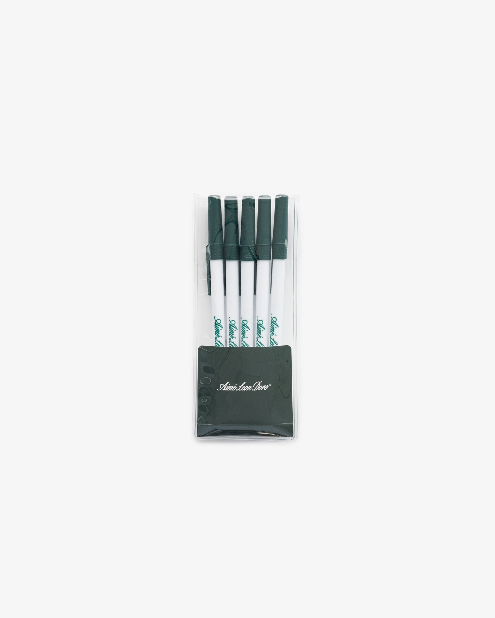 Pen 5 Pack: Five green and white markers in a clear pouch with a dark green label at the bottom.