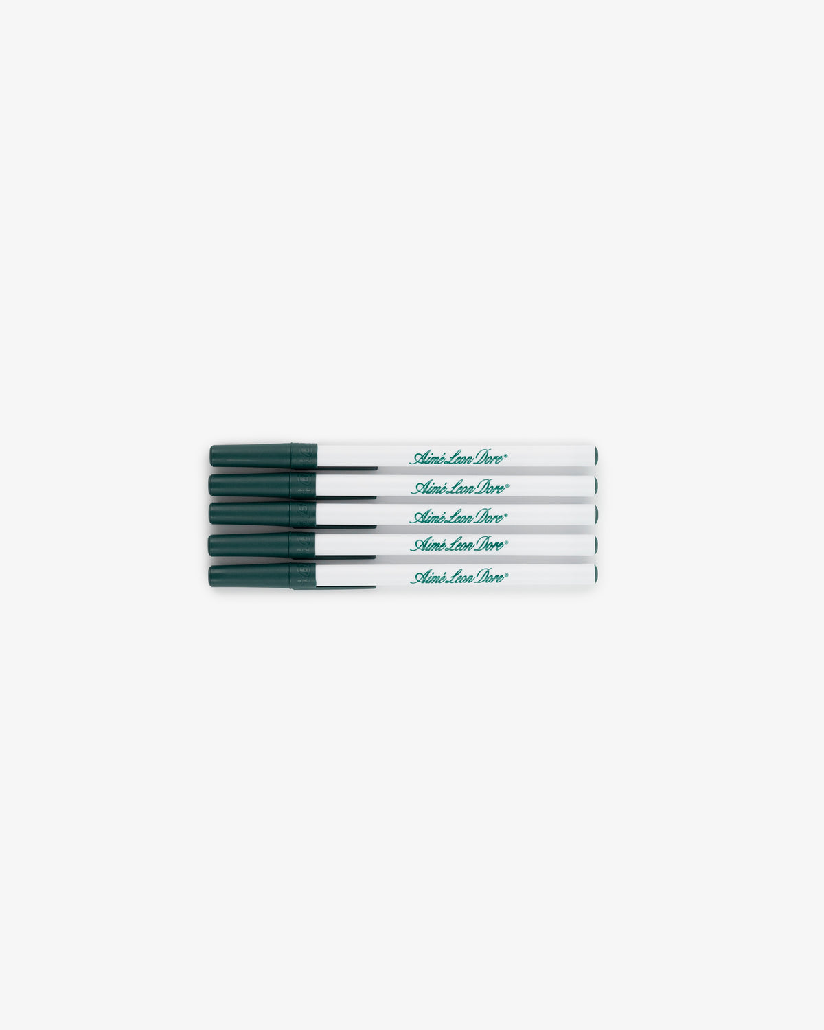 Pen 5 Pack: five white markers with green caps and green text, stacked horizontally on a white background.